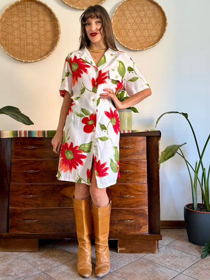 1990's vintage white button fdown dress with red and green floral print