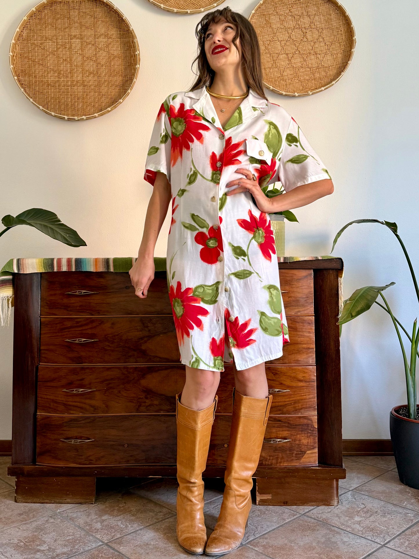 1990's vintage white button fdown dress with red and green floral print