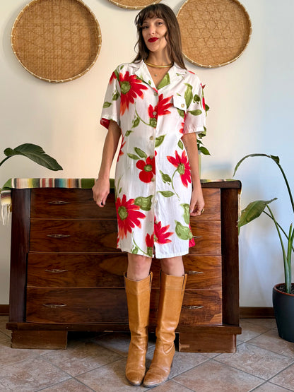 1990's vintage white button fdown dress with red and green floral print