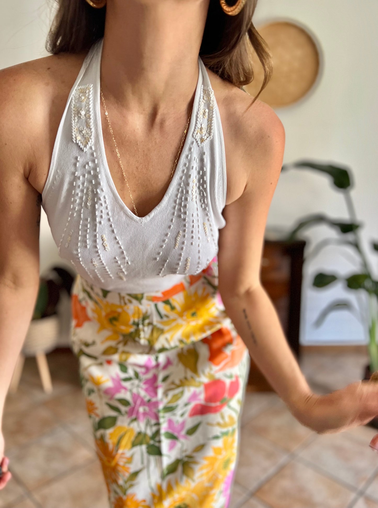 1990's vintage white knit top with iridescent sequin and glass bead detailing