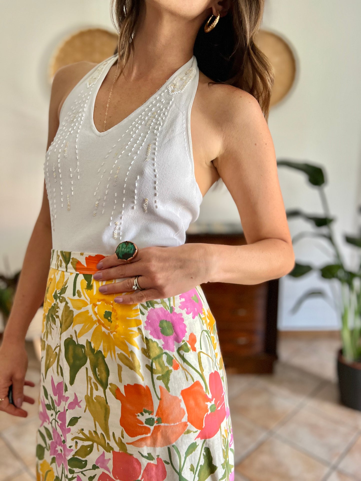 1990's vintage white knit top with iridescent sequin and glass bead detailing