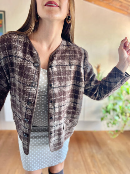 1970's vintage texture brown and tan plaid wool jacket