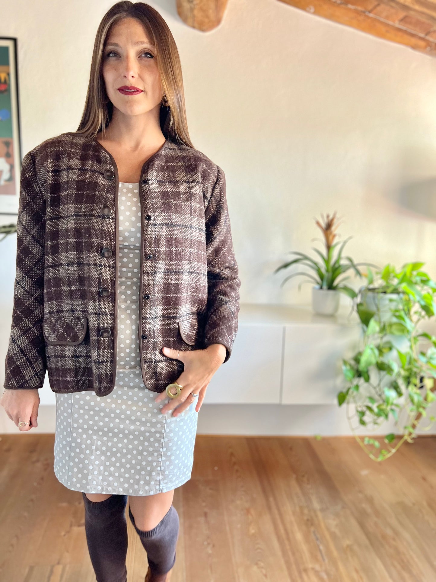 1970's vintage texture brown and tan plaid wool jacket