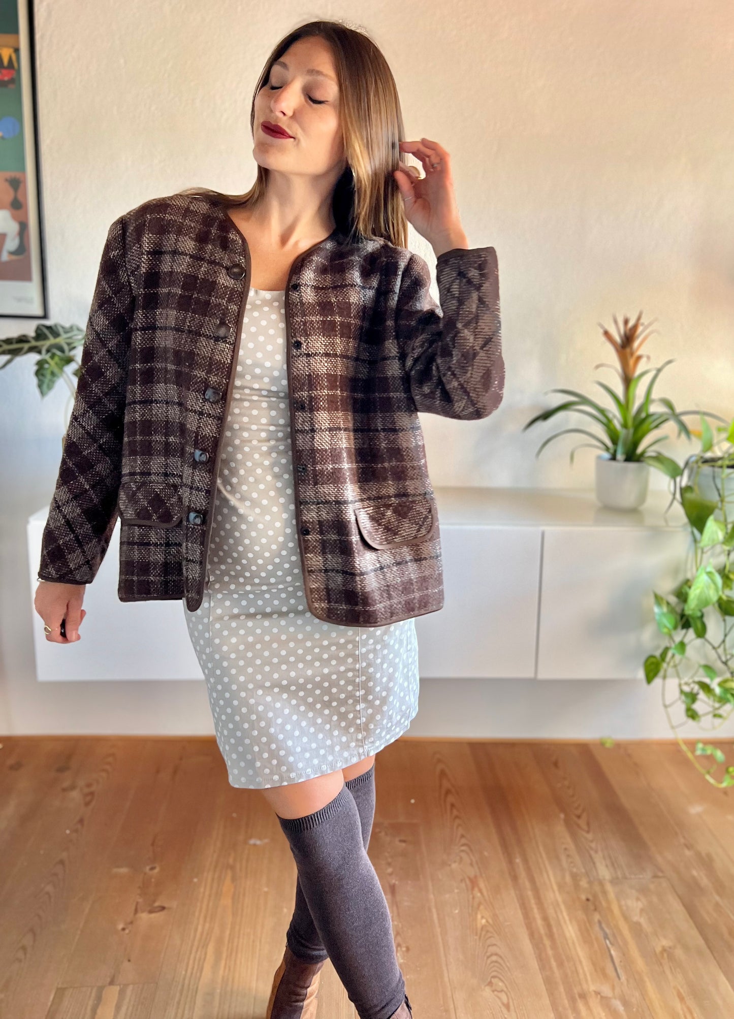 1970's vintage texture brown and tan plaid wool jacket