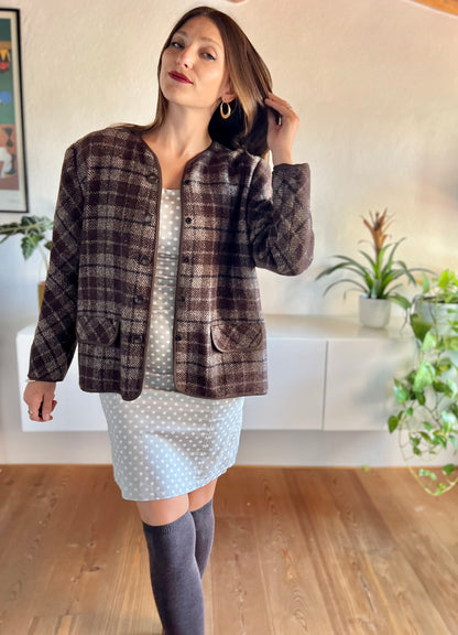 1970's vintage texture brown and tan plaid wool jacket