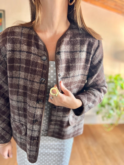 1970's vintage texture brown and tan plaid wool jacket