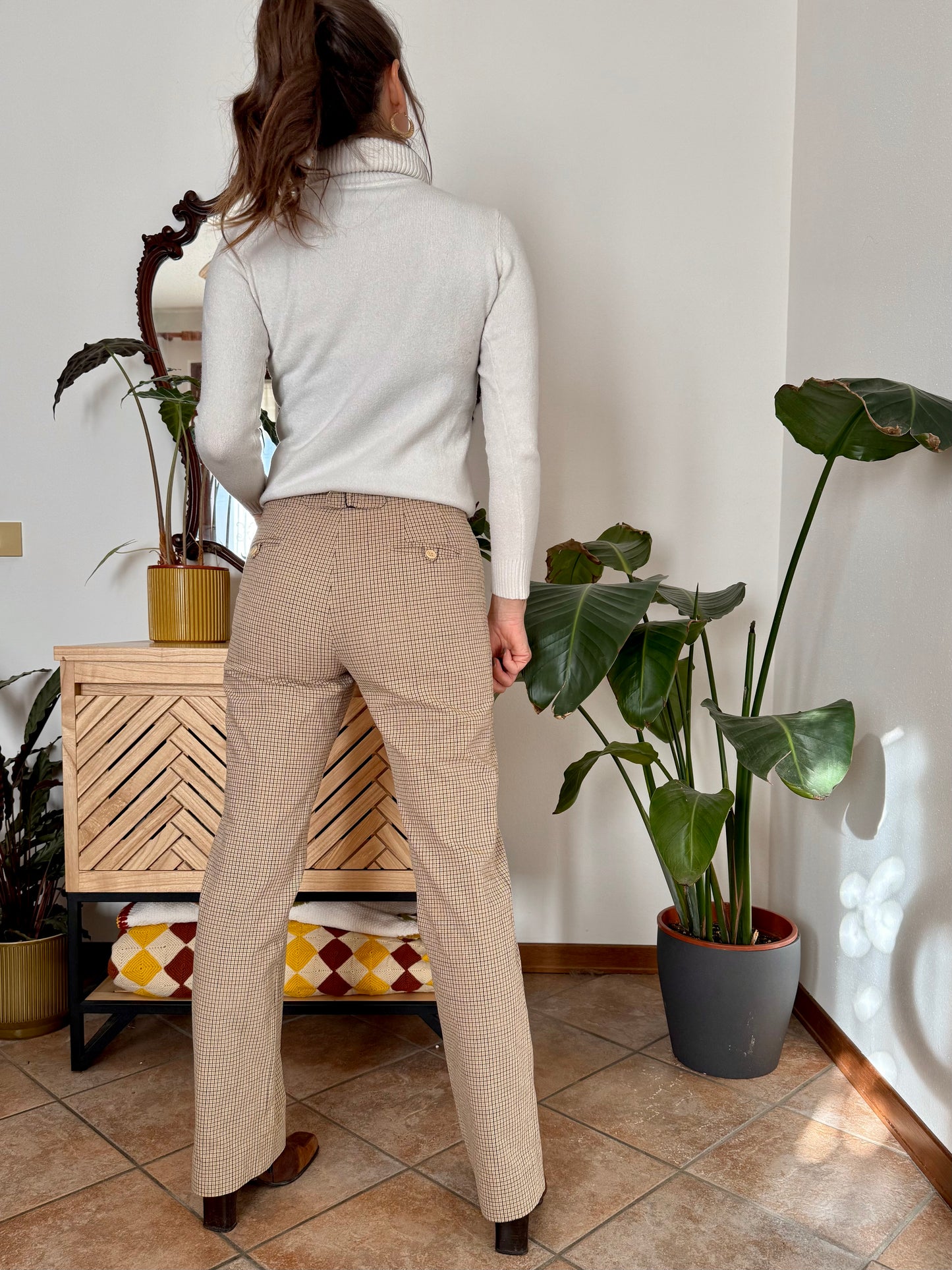 Chocolate brown, tan and beige plaid wide leg low rise trousers