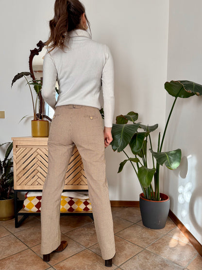 Chocolate brown, tan and beige plaid wide leg low rise trousers