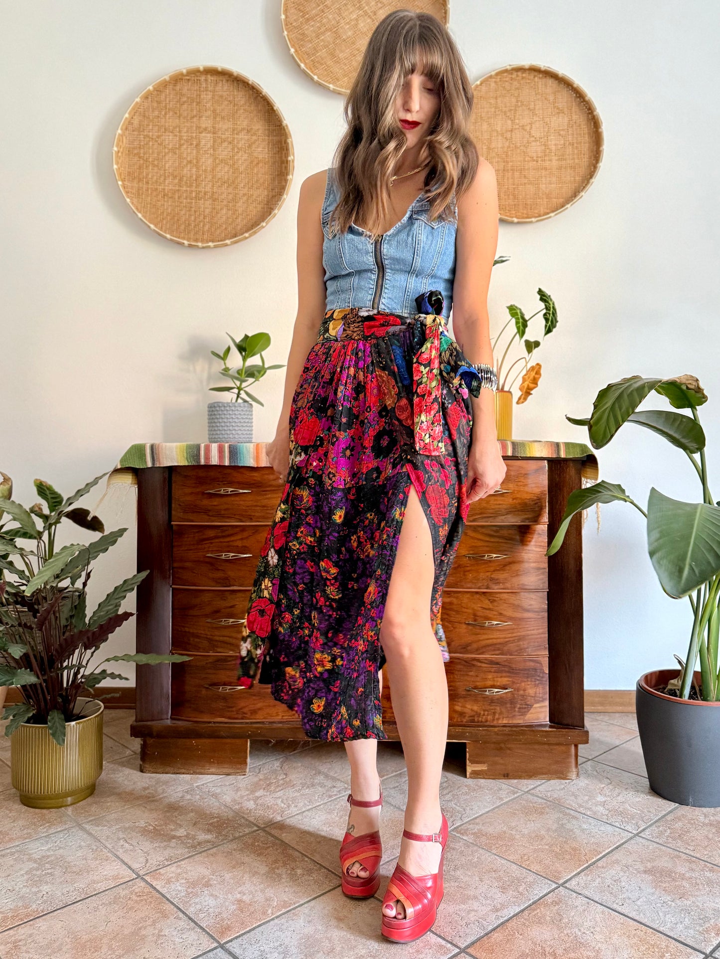 1970's vintage multilayer patchwork floral midi skirt