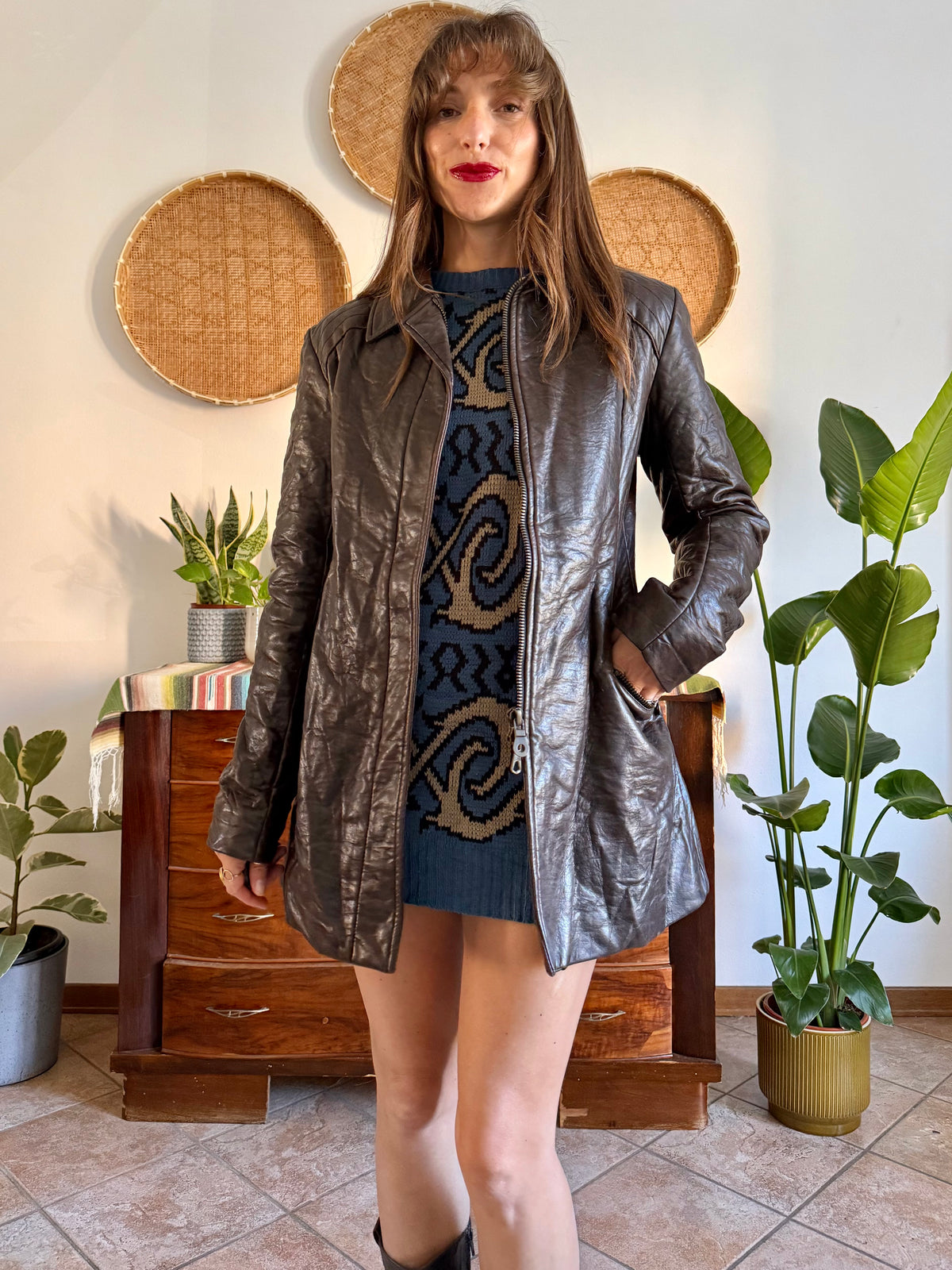 1990's vintage chocolate brown leather jacket with matching belt