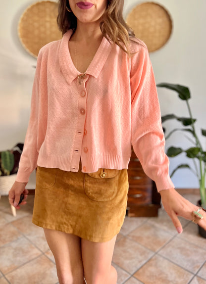 1960's vintage pinky peach chevron knit wool cardigan with pink translucent buttons and Peter Pan collar