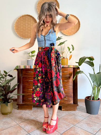 1970's vintage multilayer patchwork floral midi skirt