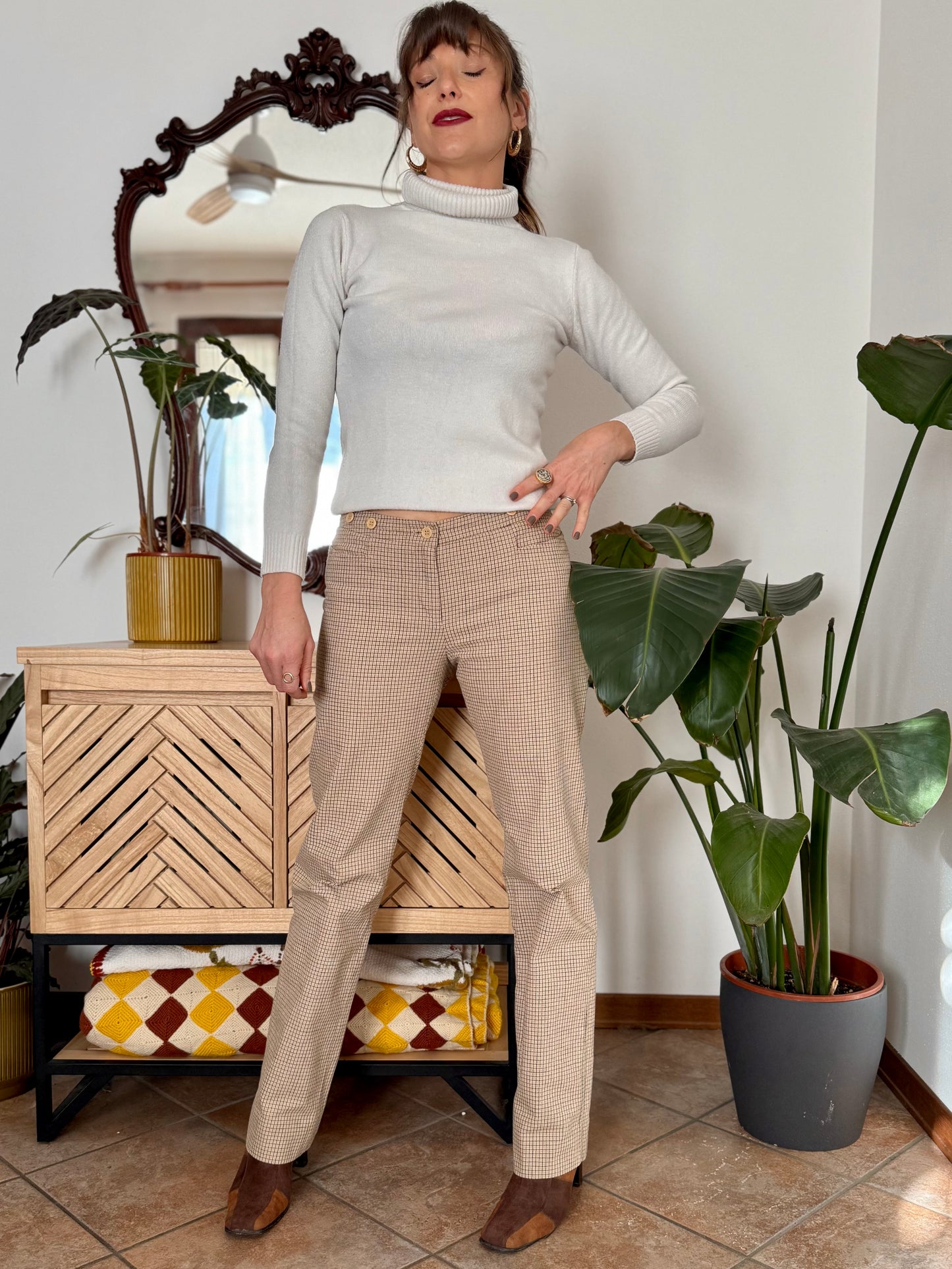 Chocolate brown, tan and beige plaid wide leg low rise trousers