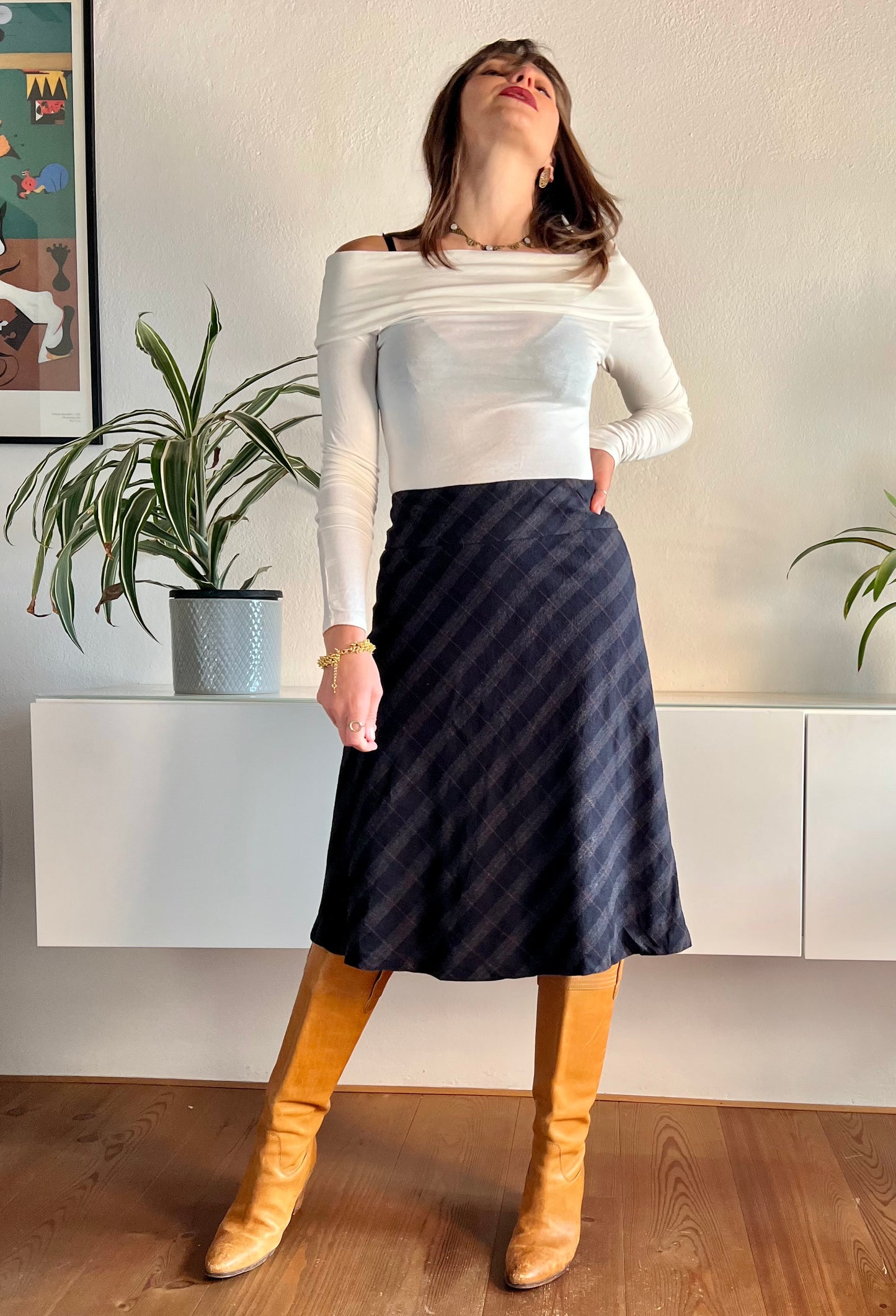 1990's vintage black and grey plaid wool midi skirt