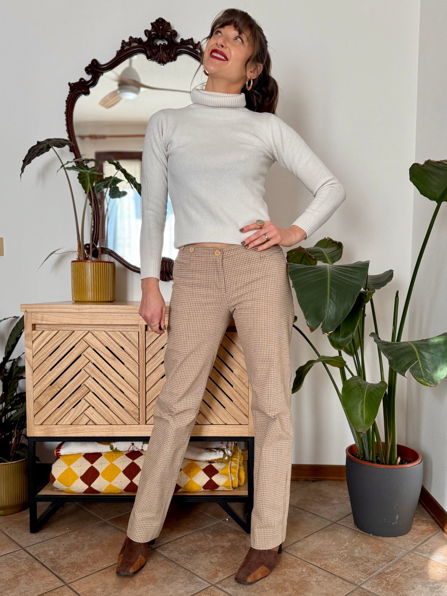 Chocolate brown, tan and beige plaid wide leg low rise trousers