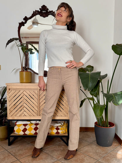 Chocolate brown, tan and beige plaid wide leg low rise trousers