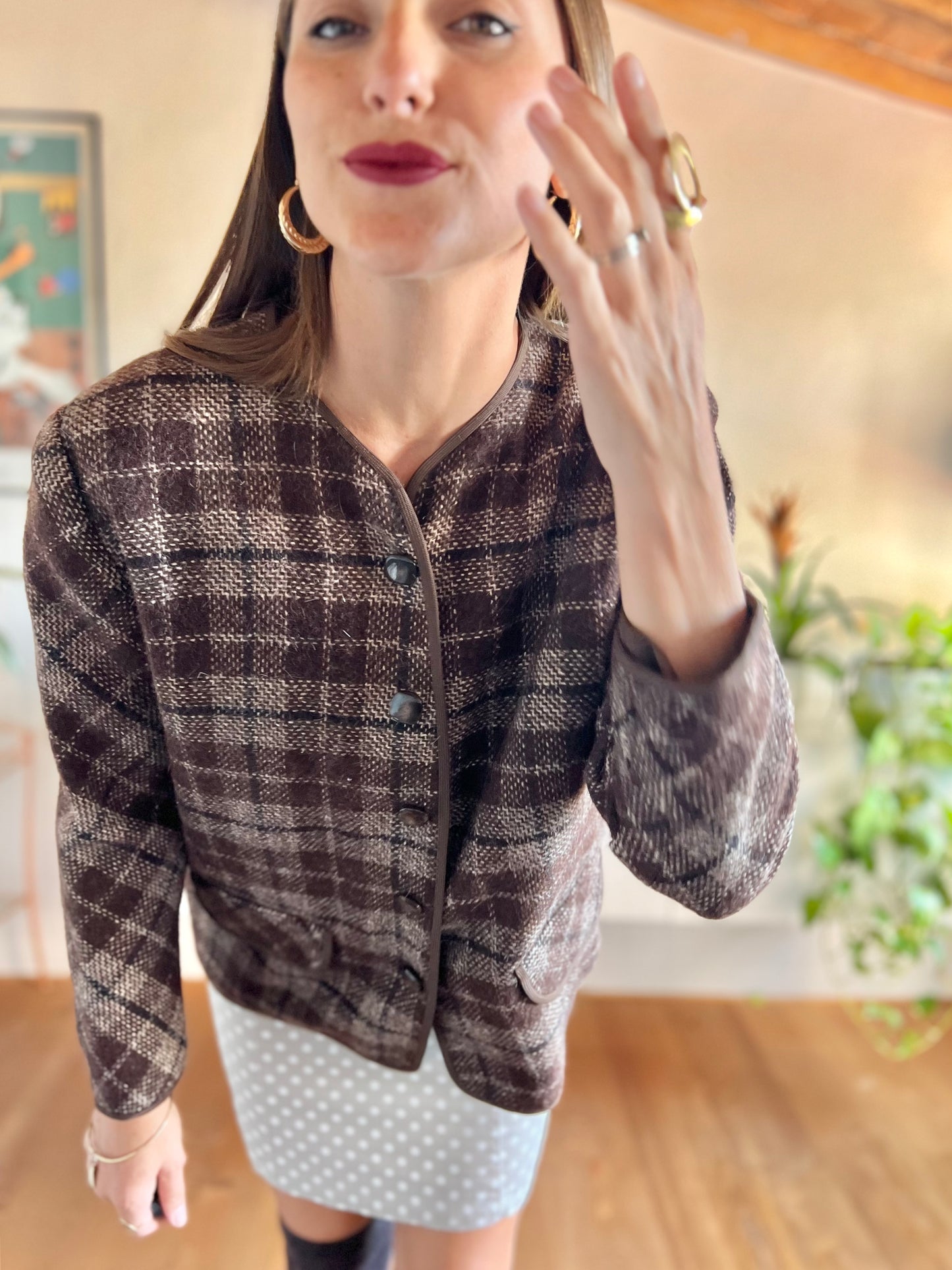 1970's vintage texture brown and tan plaid wool jacket