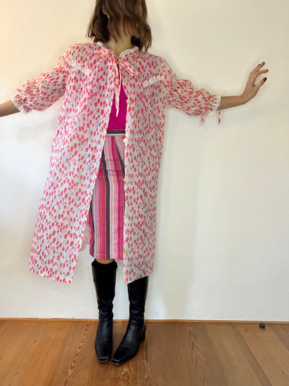 Cappotto da casa vintage anni '60 color crema con pois corallo