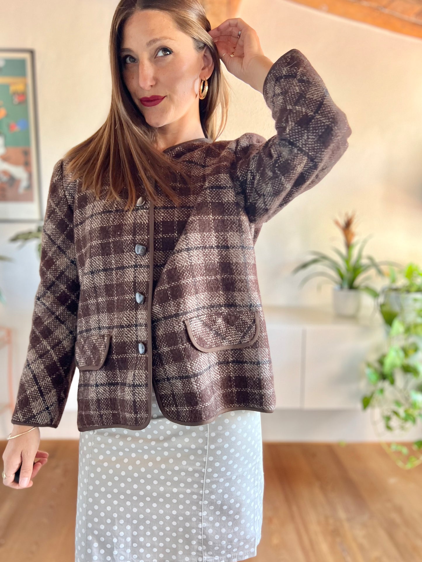 1970's vintage texture brown and tan plaid wool jacket