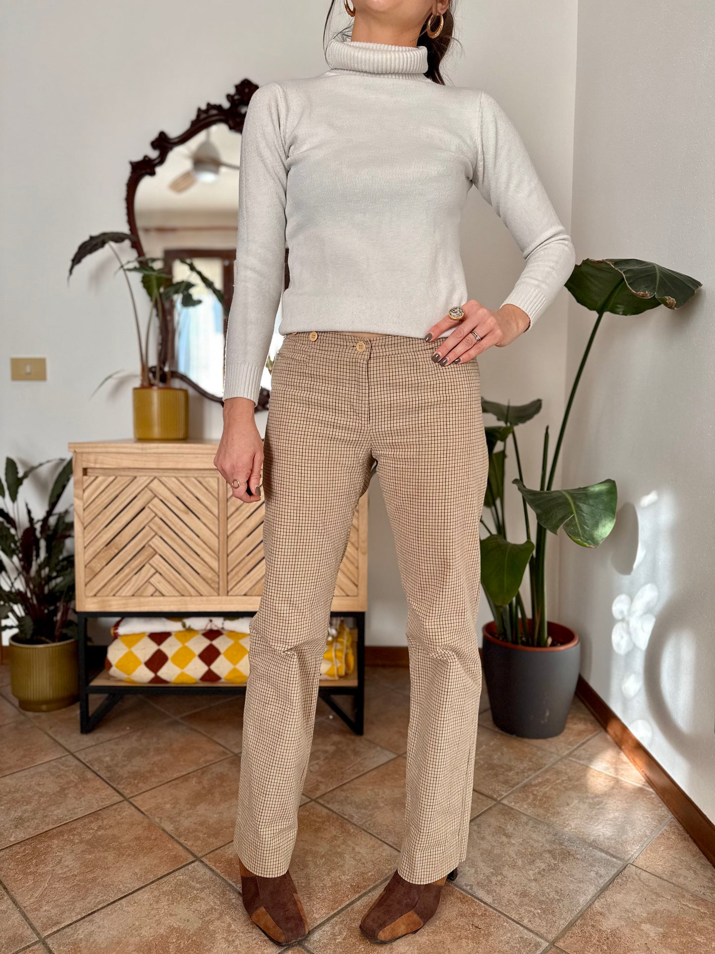 Chocolate brown, tan and beige plaid wide leg low rise trousers