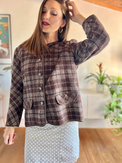 1970's vintage texture brown and tan plaid wool jacket