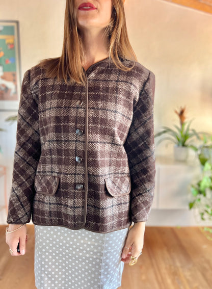 1970's vintage texture brown and tan plaid wool jacket