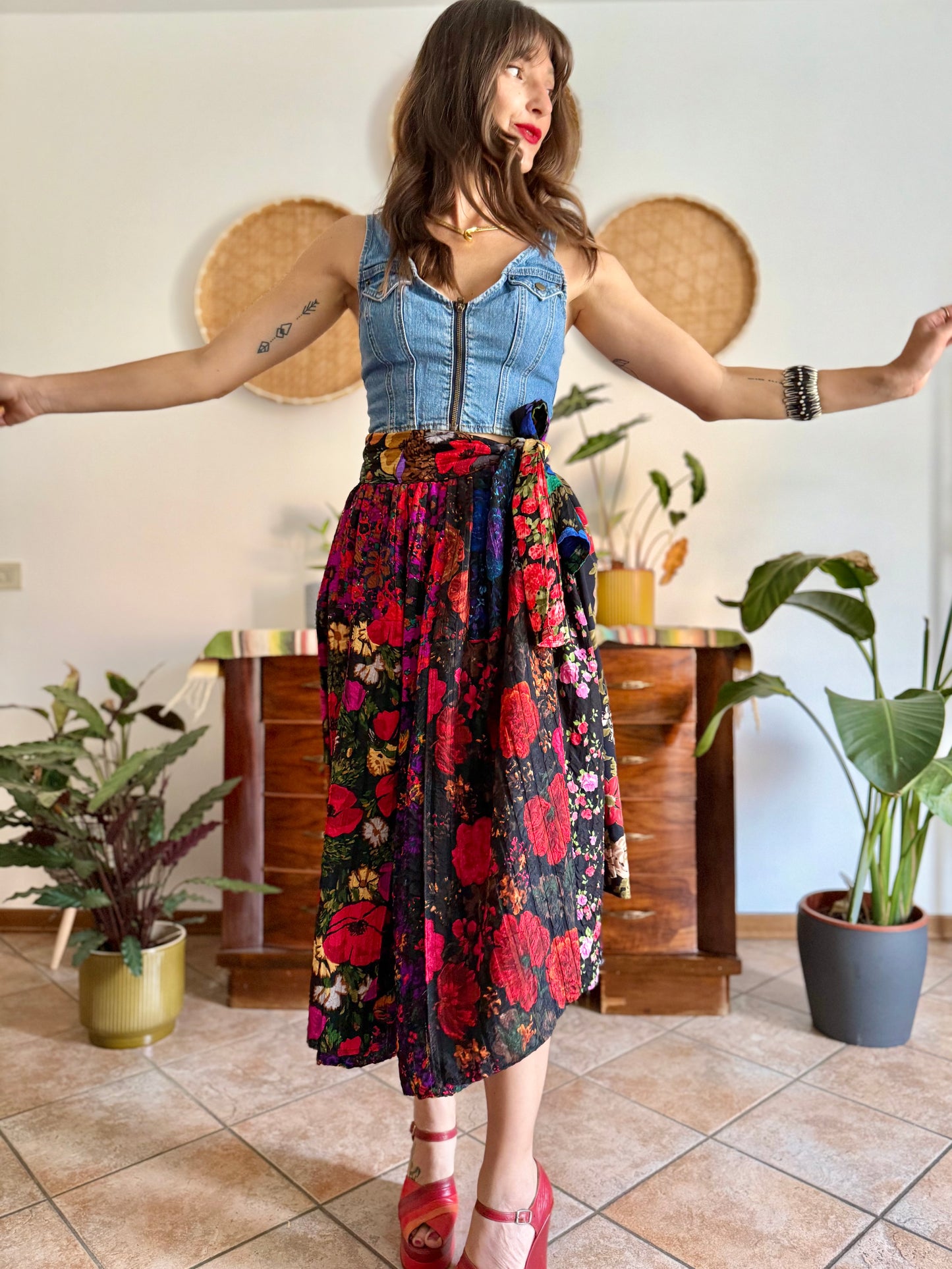 1970's vintage multilayer patchwork floral midi skirt