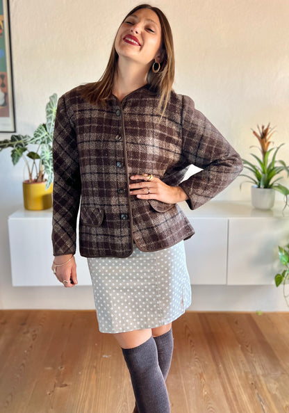 1970's vintage texture brown and tan plaid wool jacket