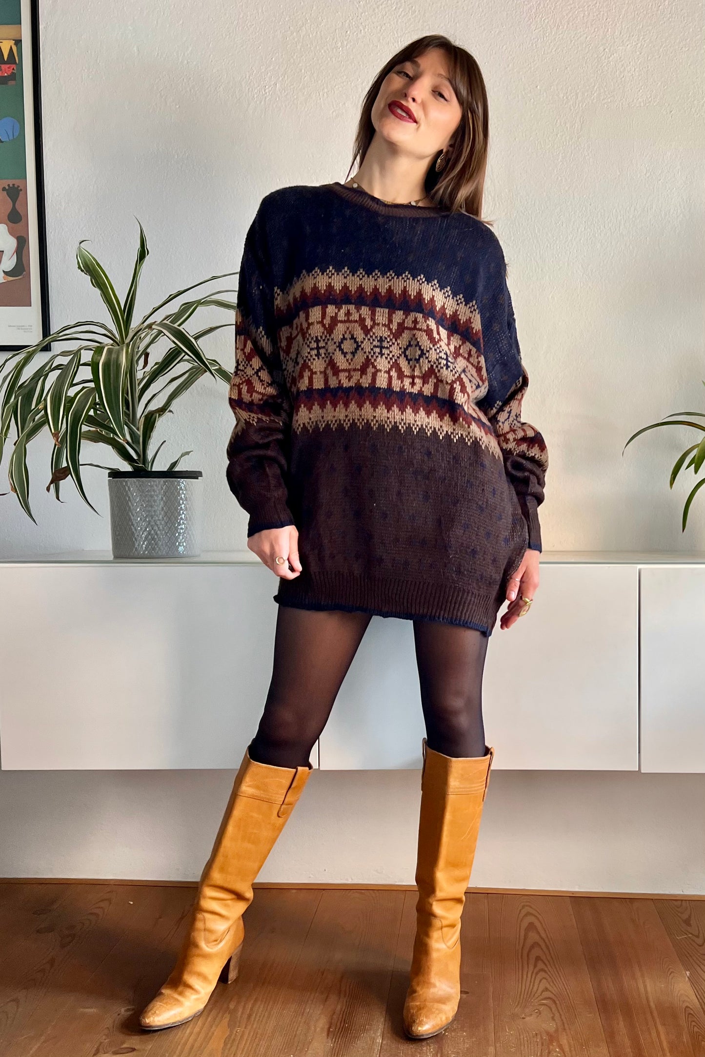 1970's vintage oversize brown and navy geometric knit pullover