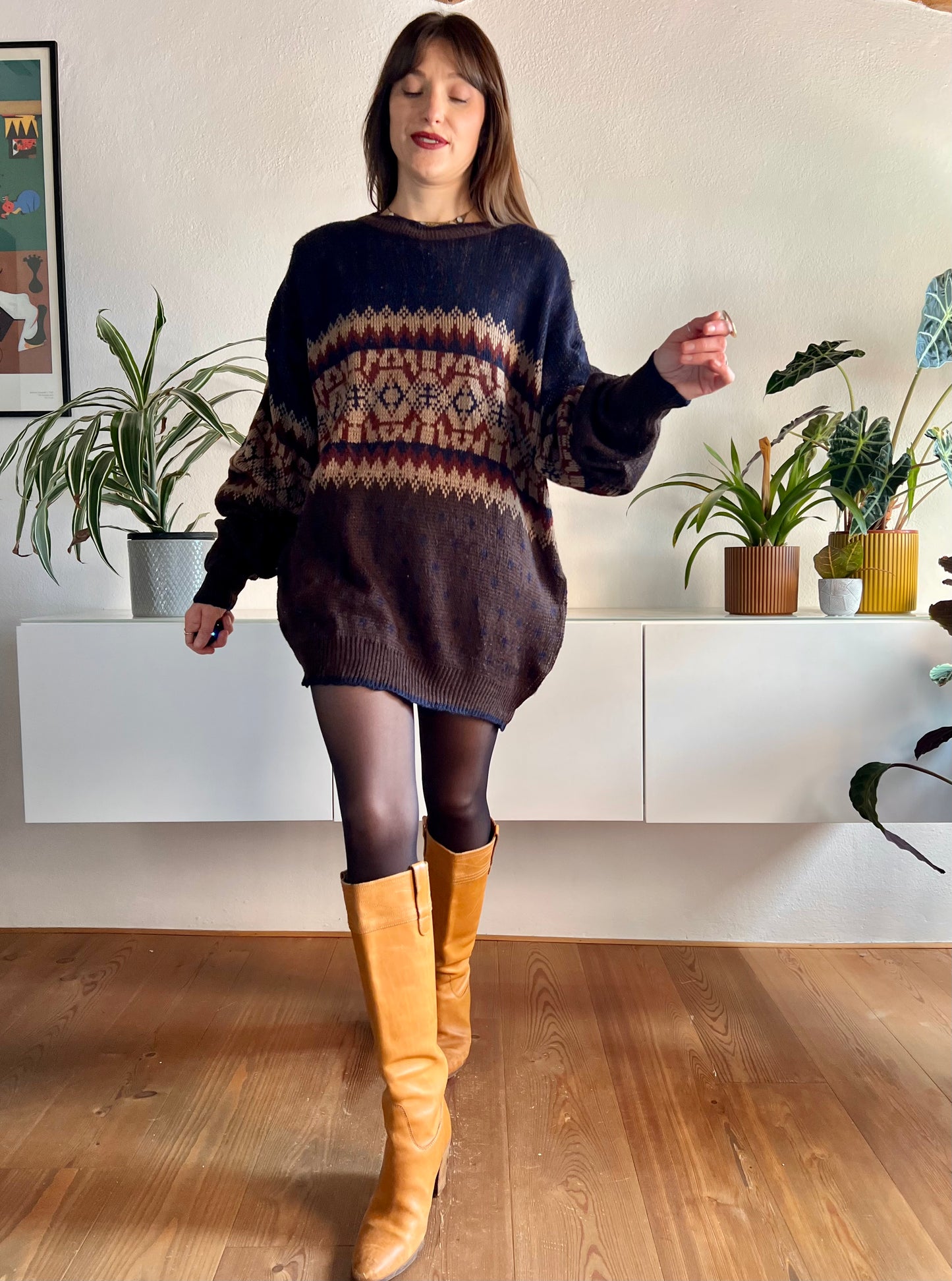 1970's vintage oversize brown and navy geometric knit pullover