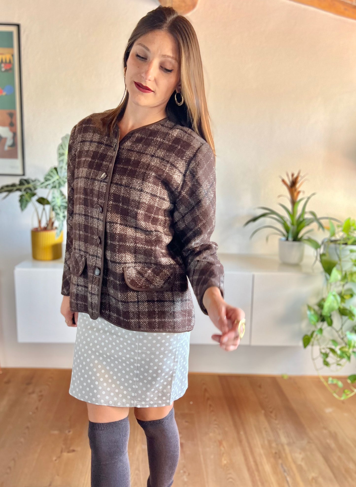 1970's vintage texture brown and tan plaid wool jacket