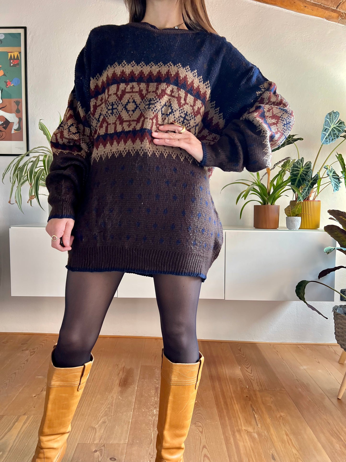 1970's vintage oversize brown and navy geometric knit pullover