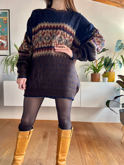 1970's vintage oversize brown and navy geometric knit pullover