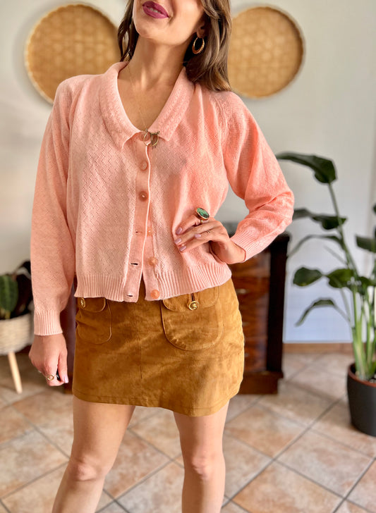 1960's vintage pinky peach chevron knit wool cardigan with pink translucent buttons and Peter Pan collar