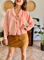 1960's vintage pinky peach chevron knit wool cardigan with pink translucent buttons and Peter Pan collar