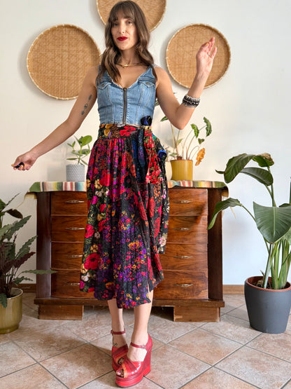 1970's vintage multilayer patchwork floral midi skirt