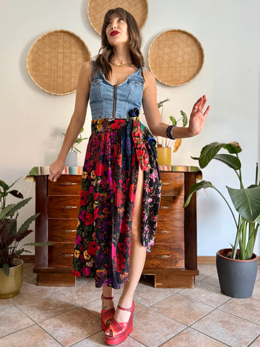 1970's vintage multilayer patchwork floral midi skirt