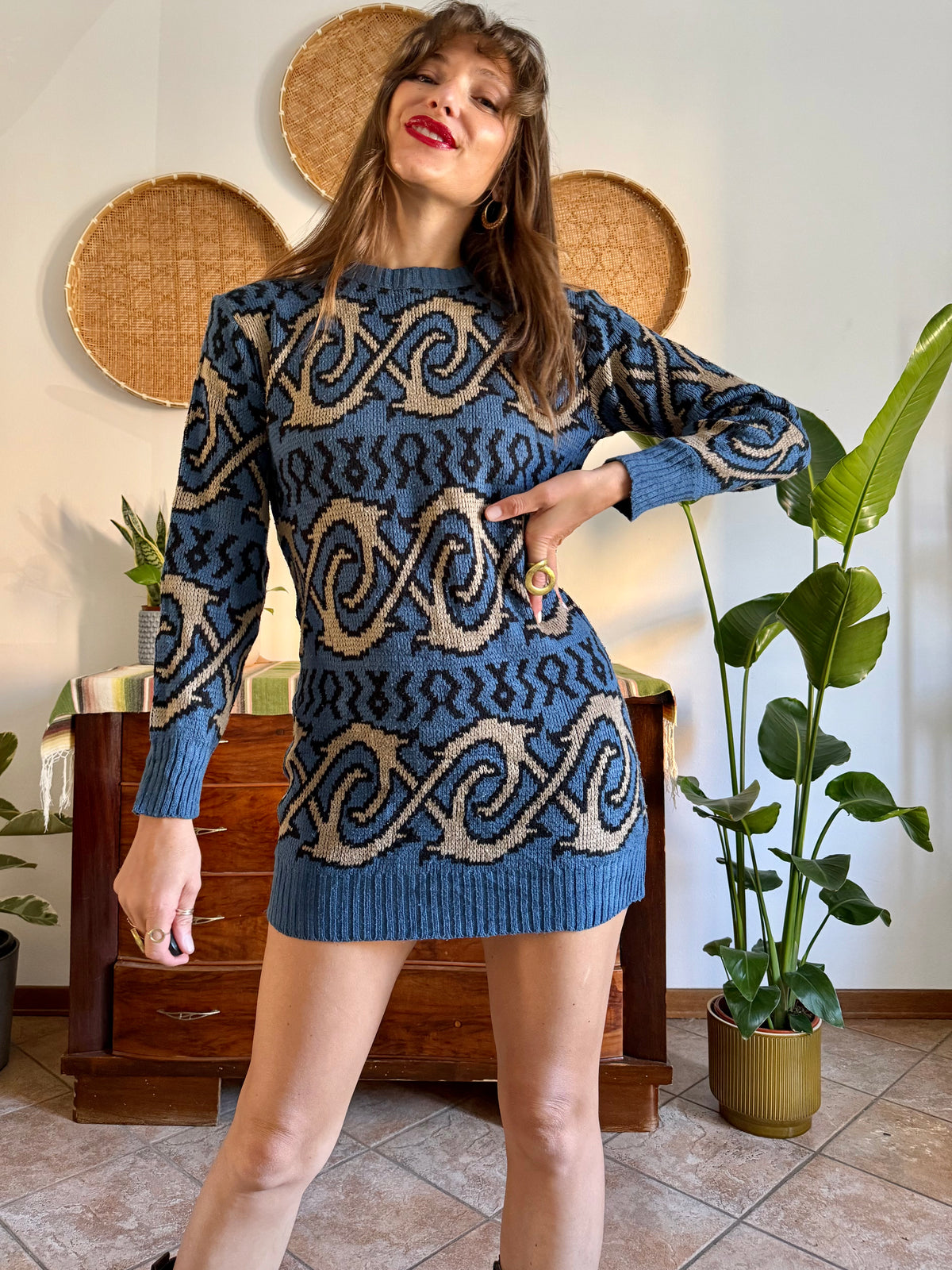 1990's vintage blue and beige geometric knit mini dress