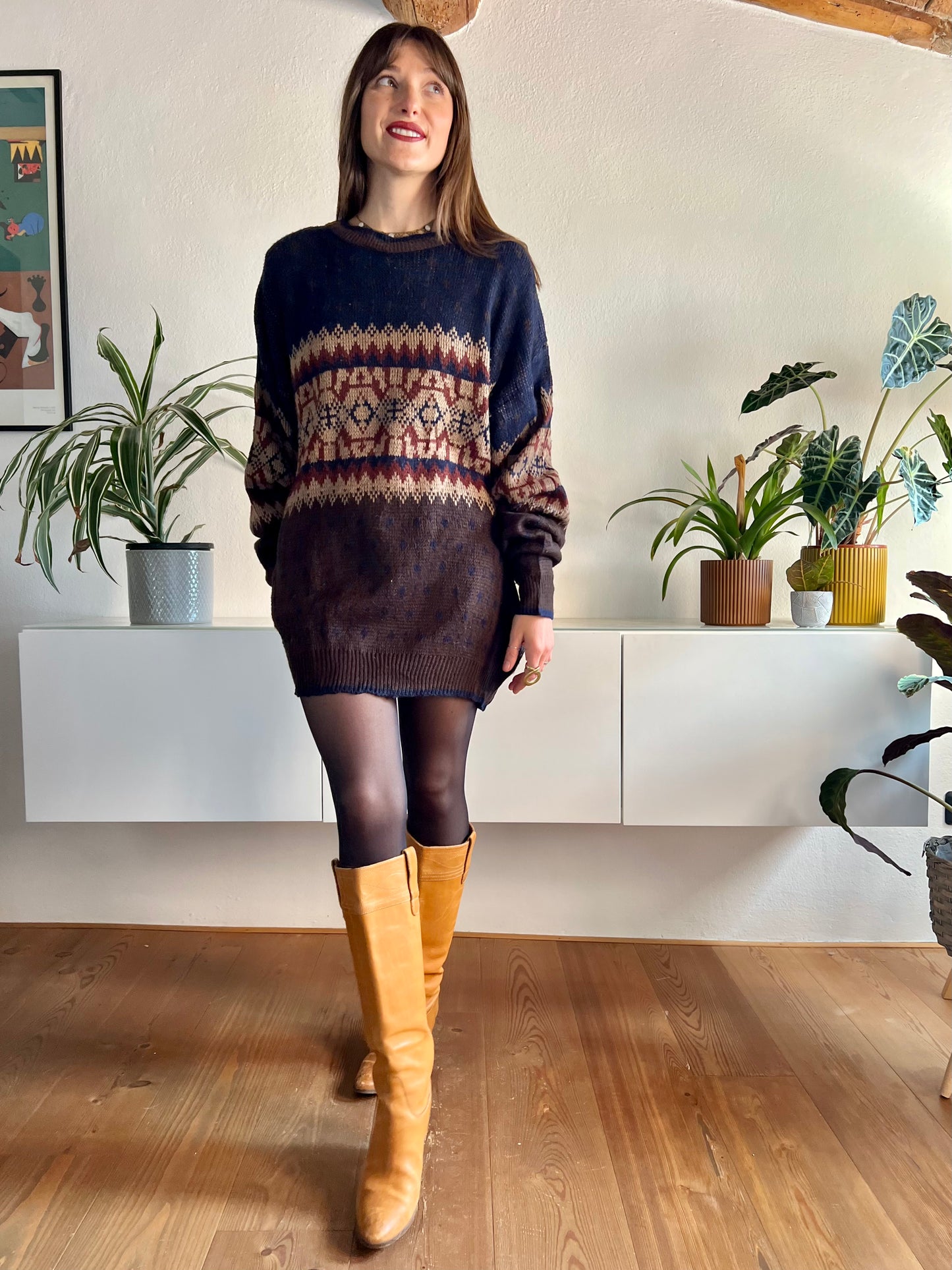 1970's vintage oversize brown and navy geometric knit pullover