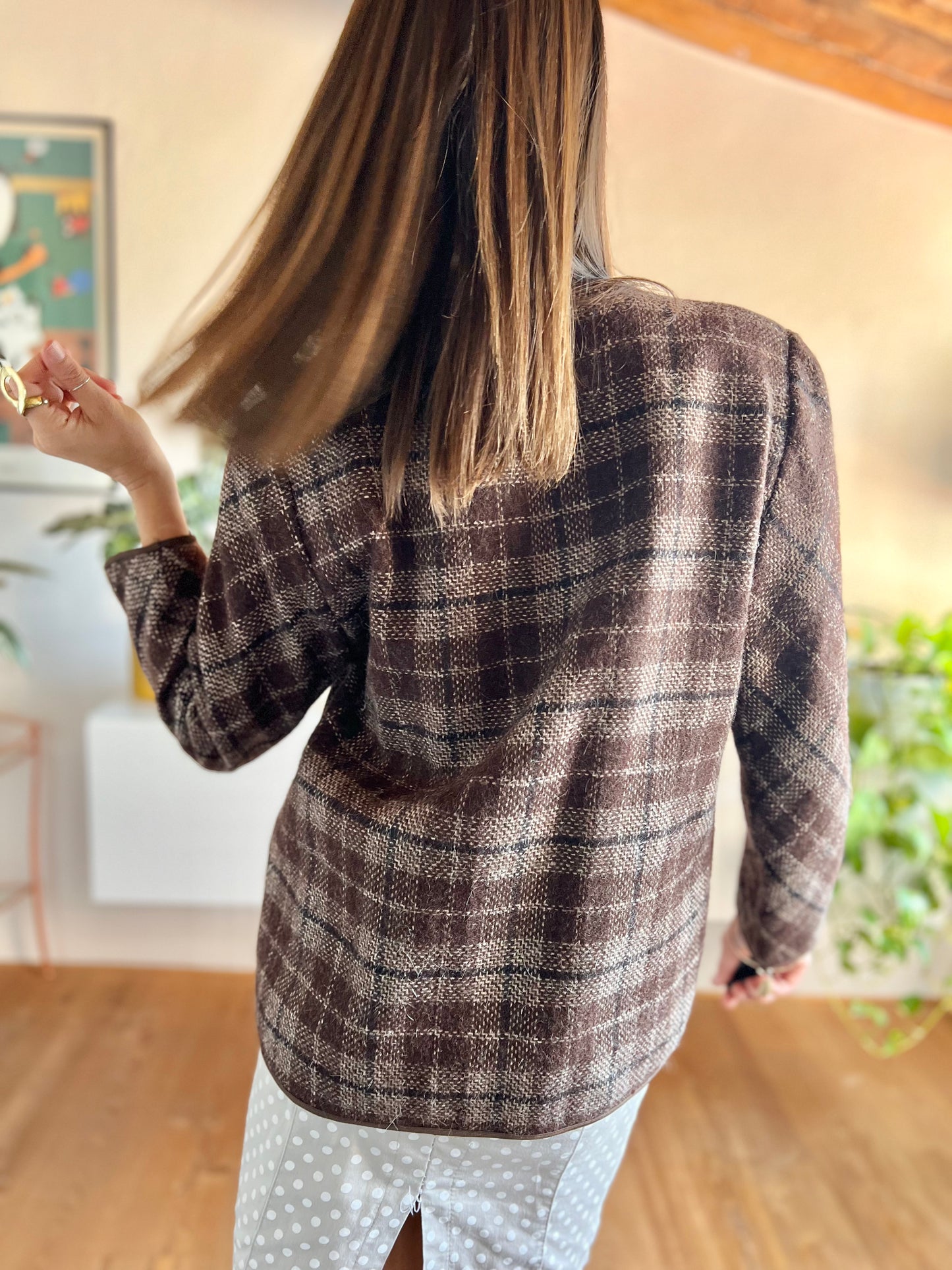 1970's vintage texture brown and tan plaid wool jacket