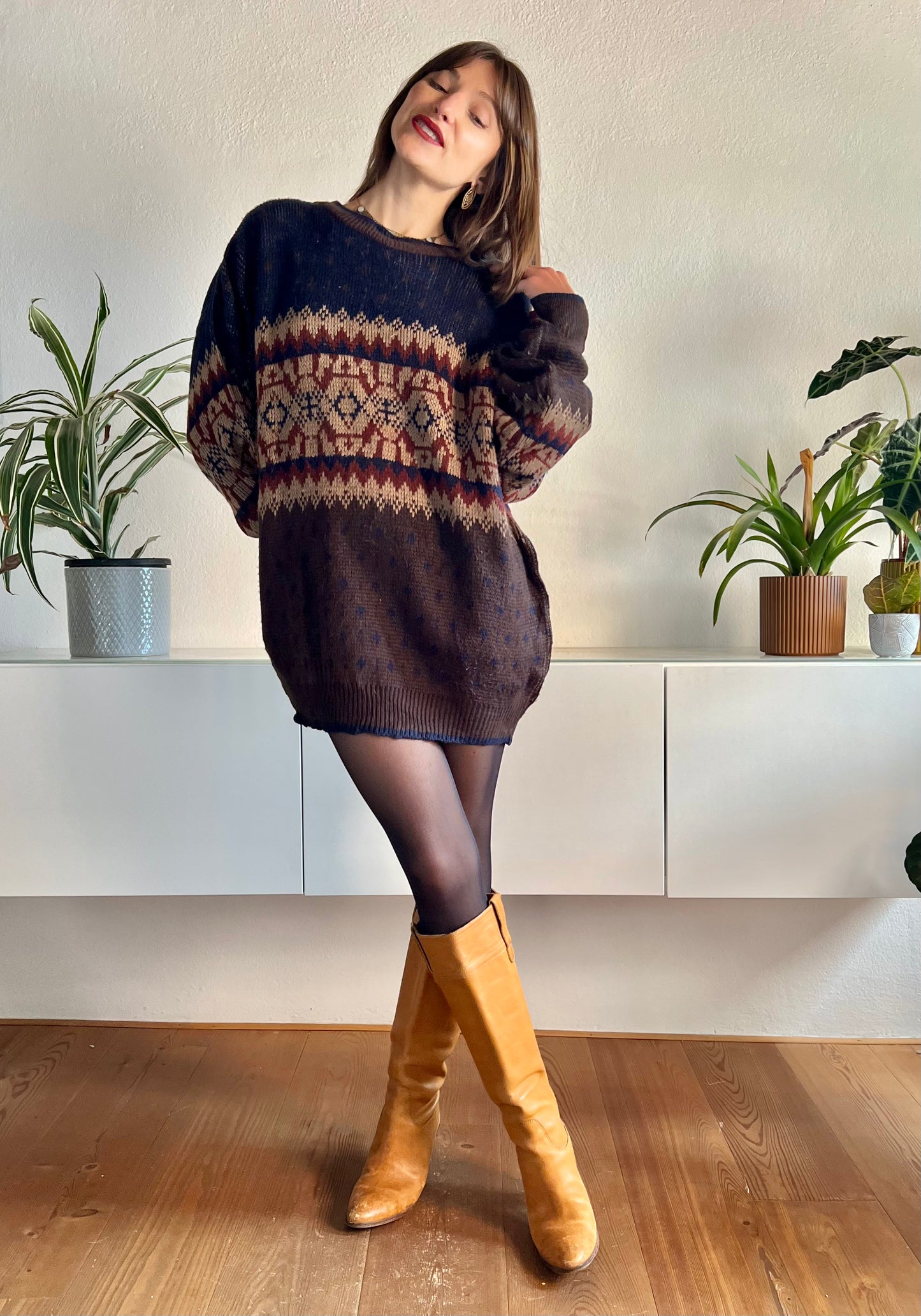 1970's vintage oversize brown and navy geometric knit pullover