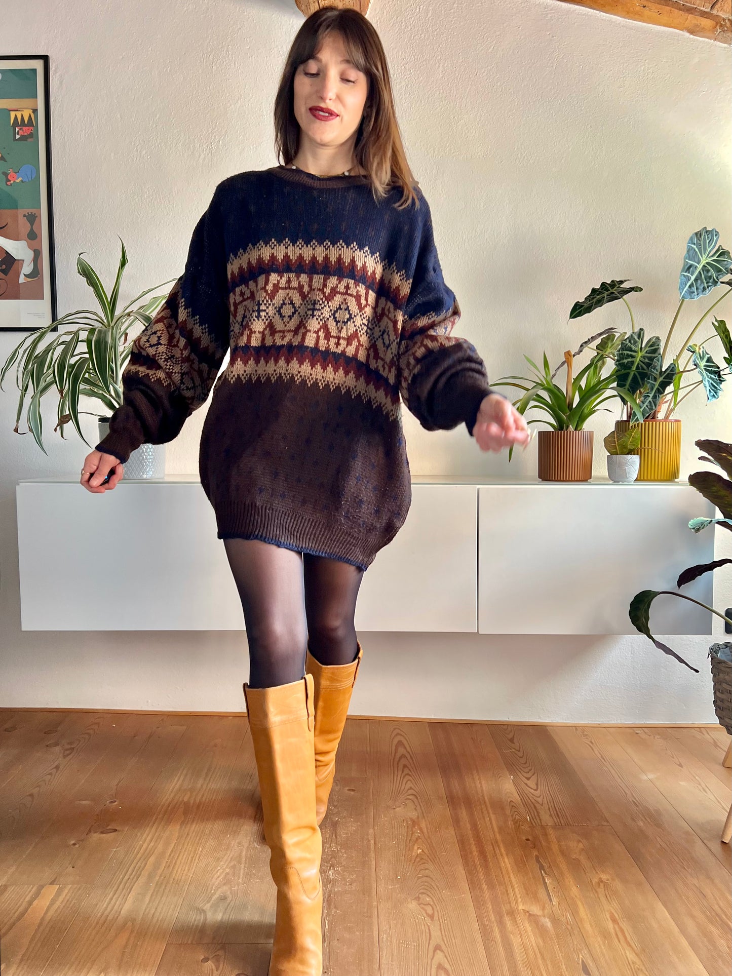 1970's vintage oversize brown and navy geometric knit pullover