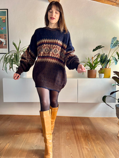 1970's vintage oversize brown and navy geometric knit pullover