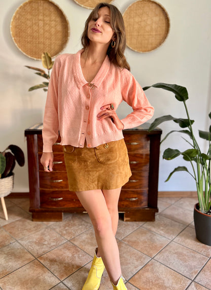 1960's vintage pinky peach chevron knit wool cardigan with pink translucent buttons and Peter Pan collar