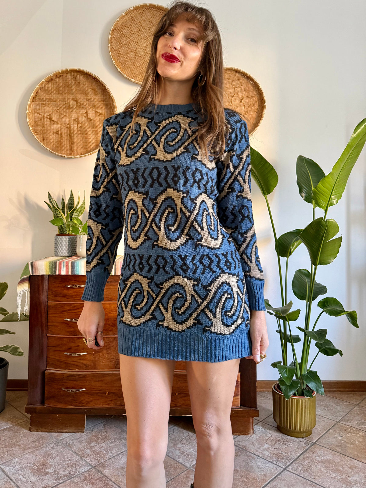 1990's vintage blue and beige geometric knit mini dress