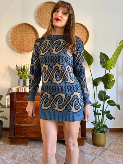 1990's vintage blue and beige geometric knit mini dress