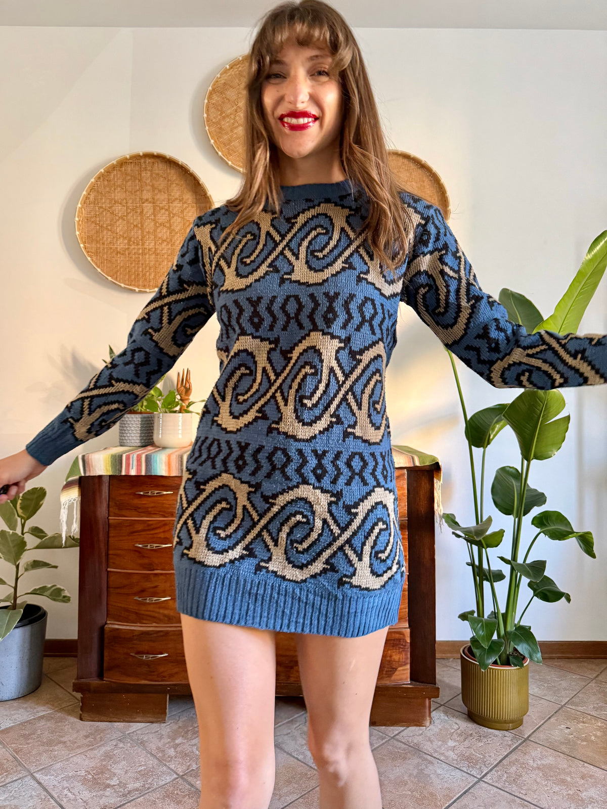 1990's vintage blue and beige geometric knit mini dress