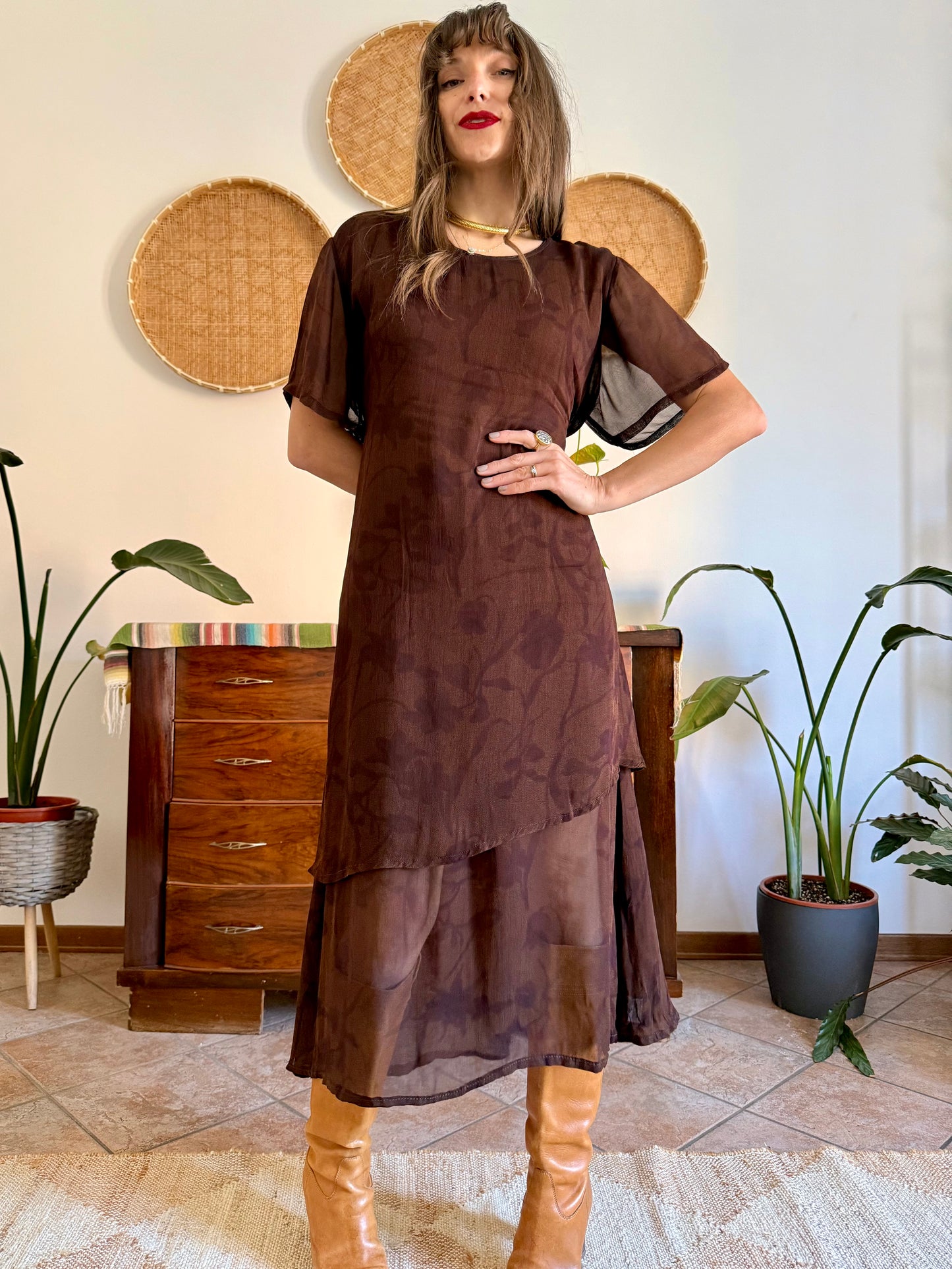 1990's vintage chocolate brow semi sheer floral maxi dress