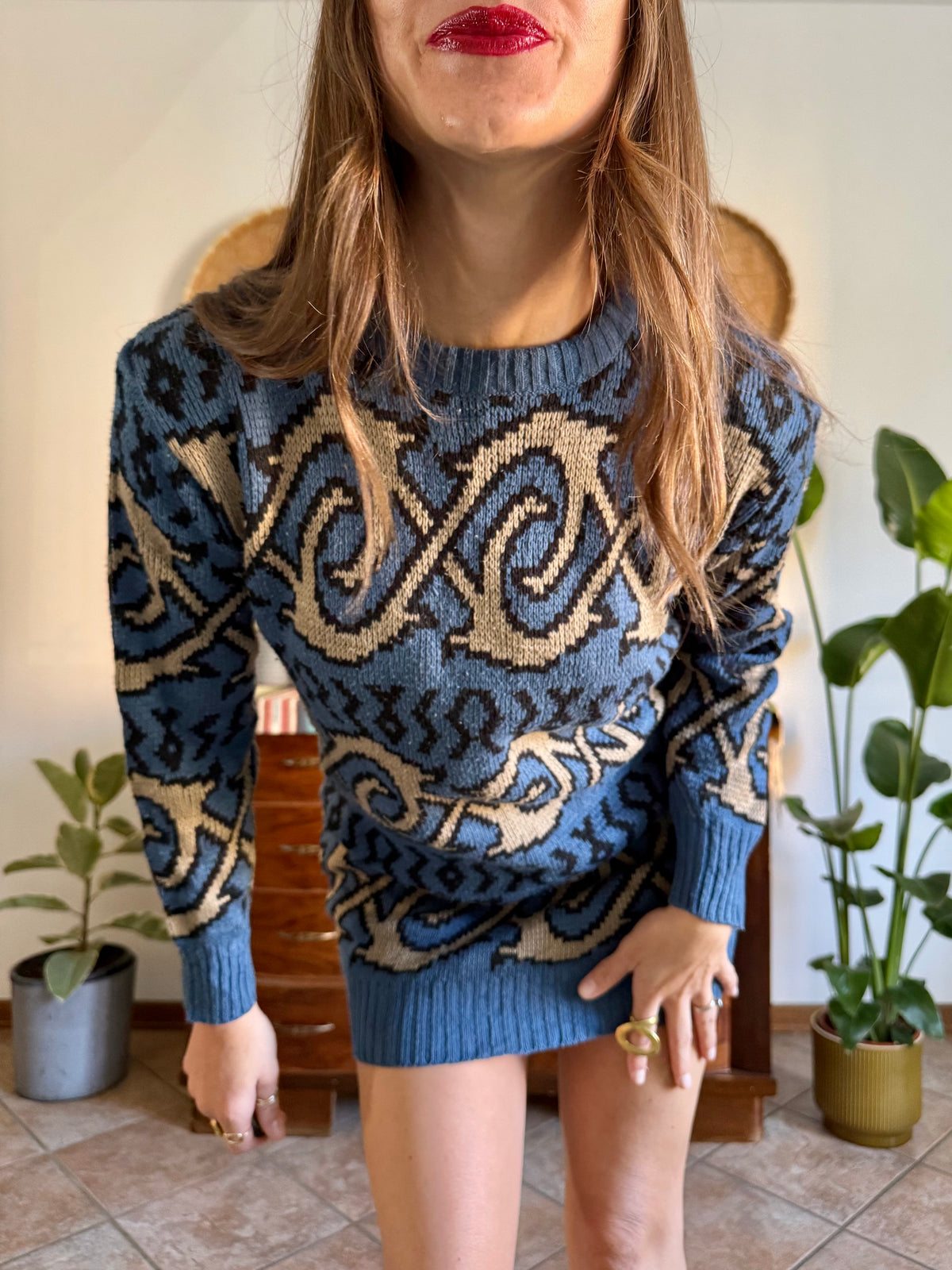 1990's vintage blue and beige geometric knit mini dress