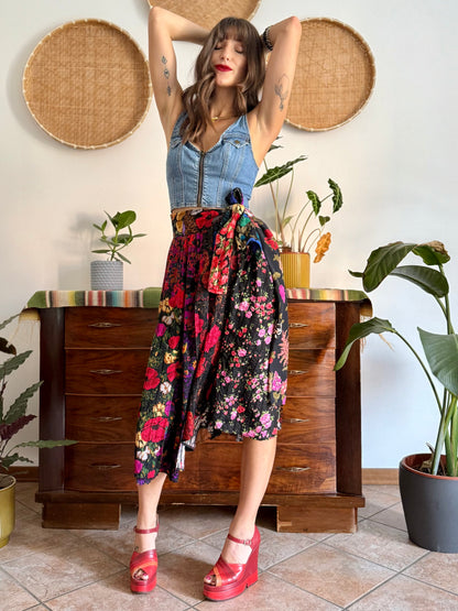 1970's vintage multilayer patchwork floral midi skirt